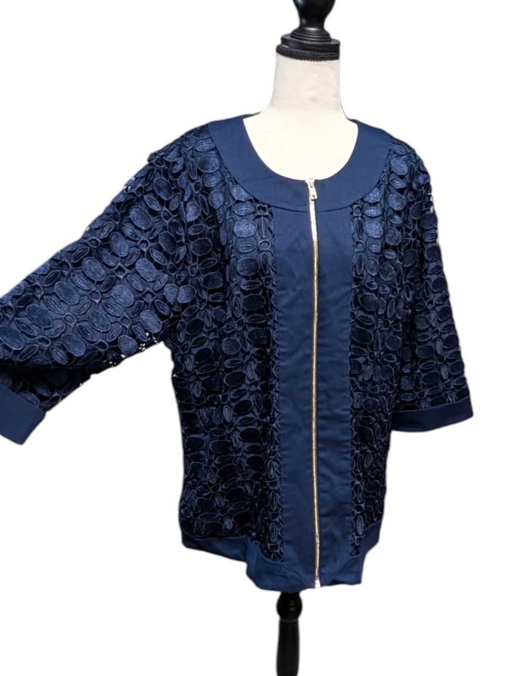Jessica London Navy Lace Overlay Zip Jacket